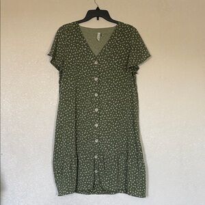 V-Neck Olive Green Floral Button-Front Midi Dress